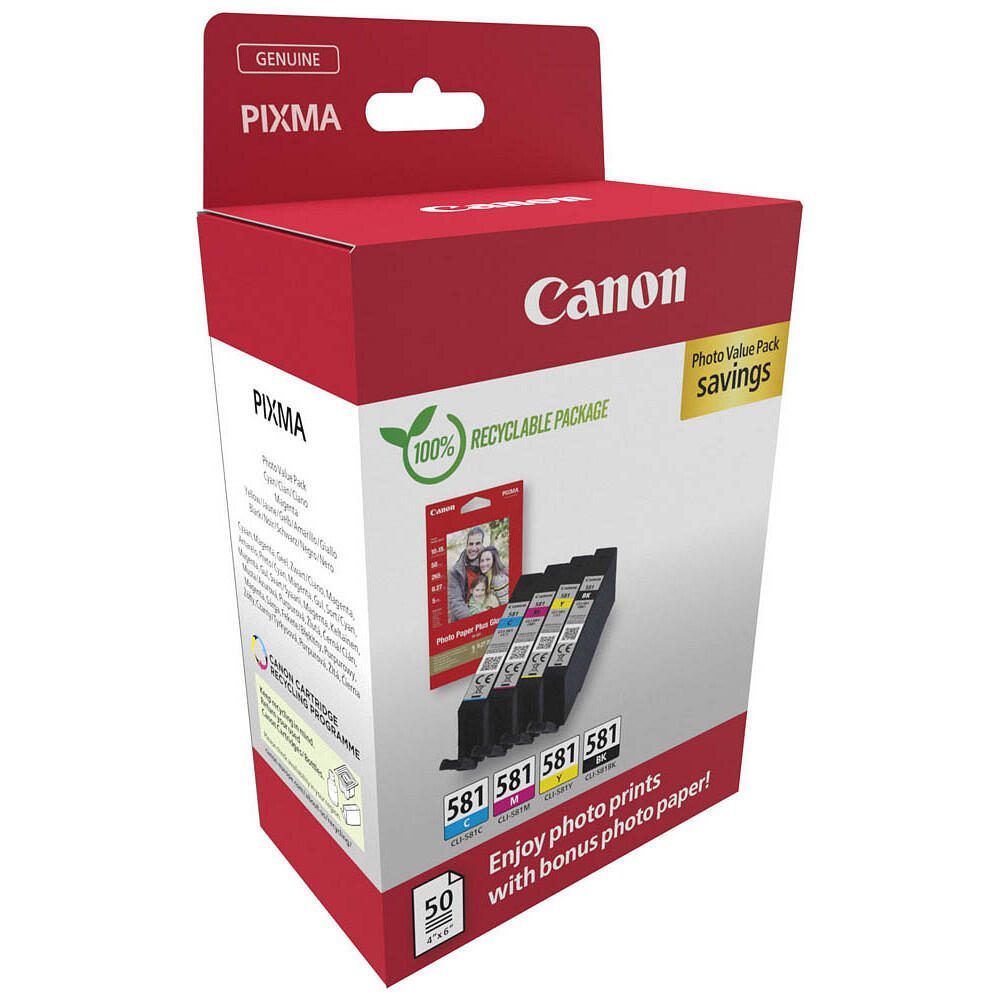 Canon Original CLI-581 Druckerpatronen Value Pack - 1 x schwarz / je 1 x CMY + 50 Blatt Fotopapier (2106C006)