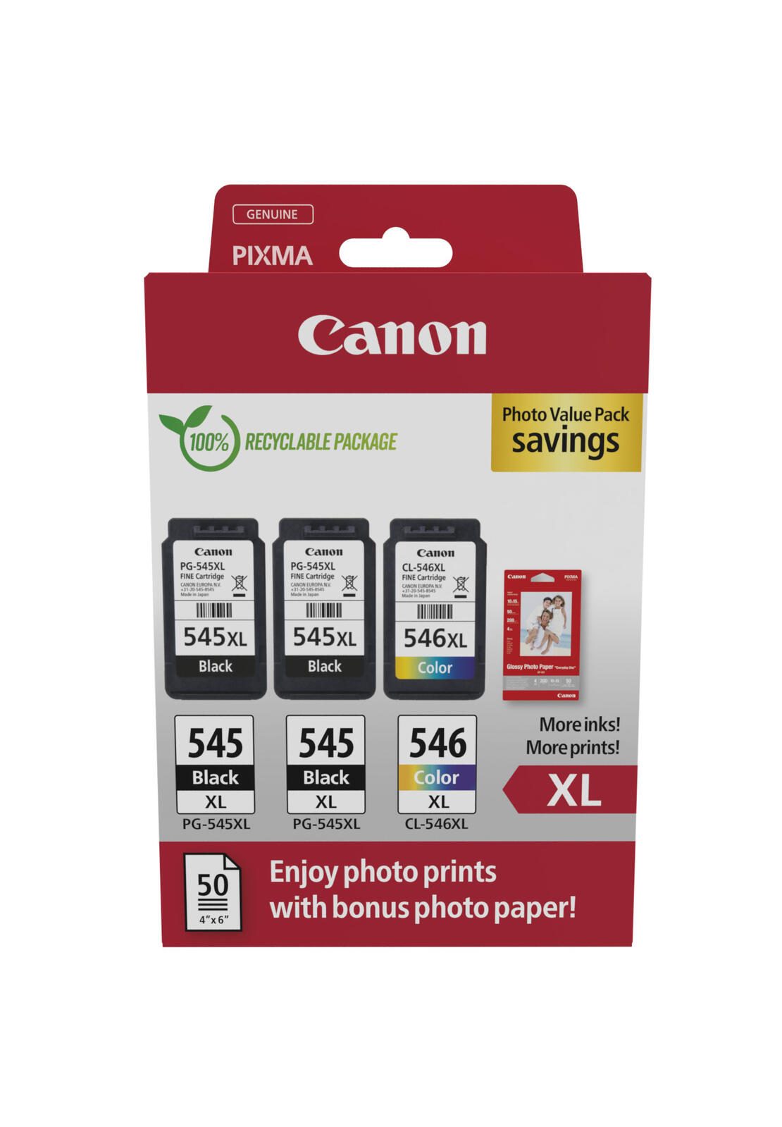 Canon Original PG-545XL + CL-546XL Druckerpatronen Valuepack - 2 x schwarz / 1 x farbig + 50 Blatt Fotopapier (8286B015)