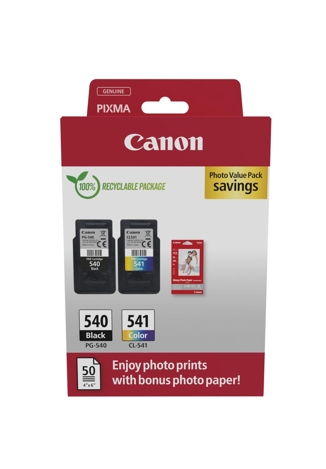 Canon Original PG-540 + CL-541 Druckerpatronen Valuepack - 1 x schwarz / 1 x farbig + 50 Blatt Fotopapier (5225B013)