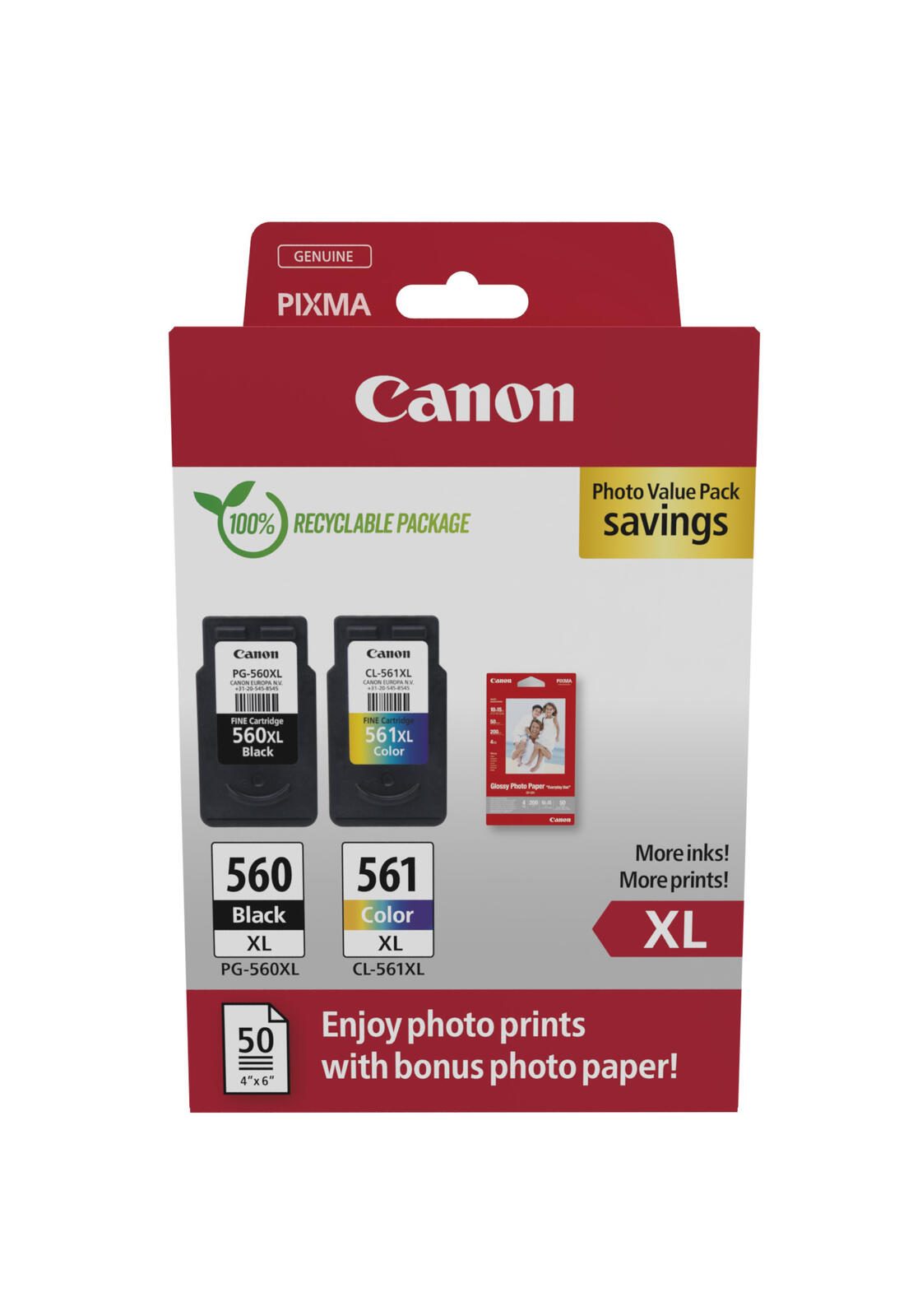 Canon Original PG-560XL + CL-561XL Druckerpatronen Value Pack - 1 x schwarz / 1 x farbig + 50 Blatt Fotopapier