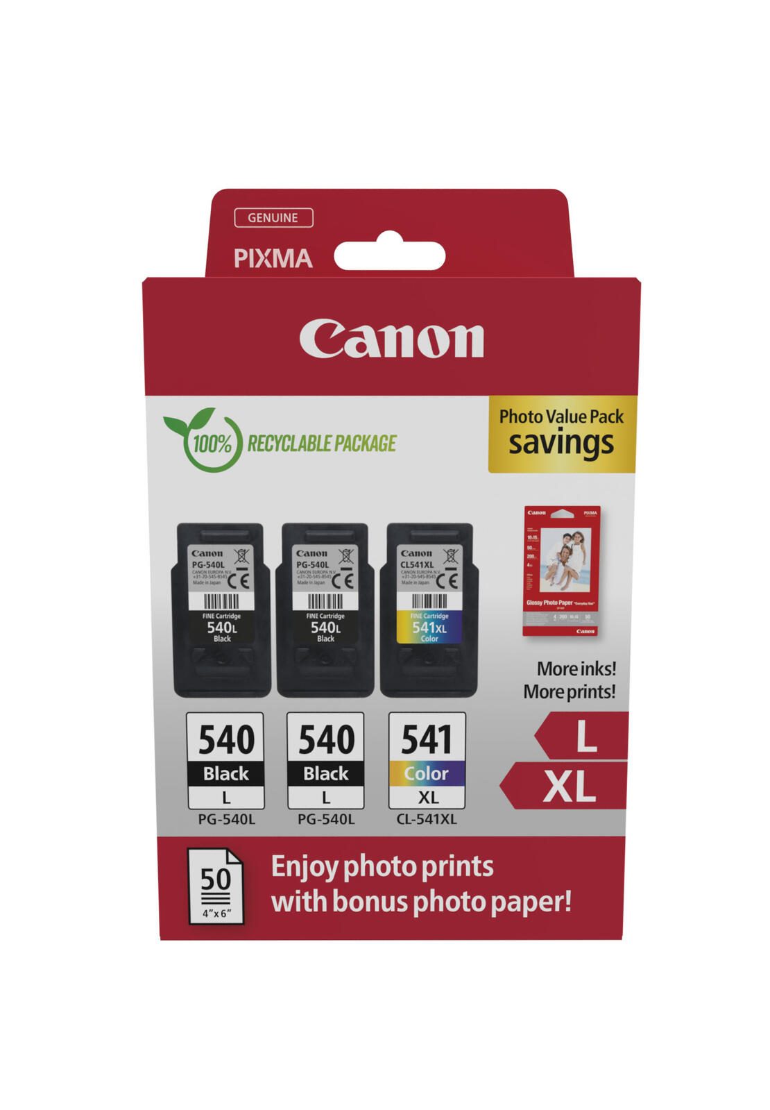 Canon Original PG-540L + CL-541XL Druckerpatronen Valuepack - 2 x schwarz / 1 x farbig + 50 Blatt Fotopapier (5224B015)