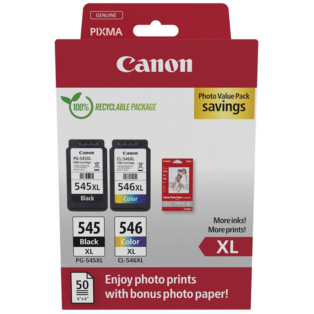 Canon Original PG-545XL + CL-546XL Druckerpatronen Valuepack - 1 x schwarz / 1 x farbig + 50 Blatt Fotopapier (8286B011)