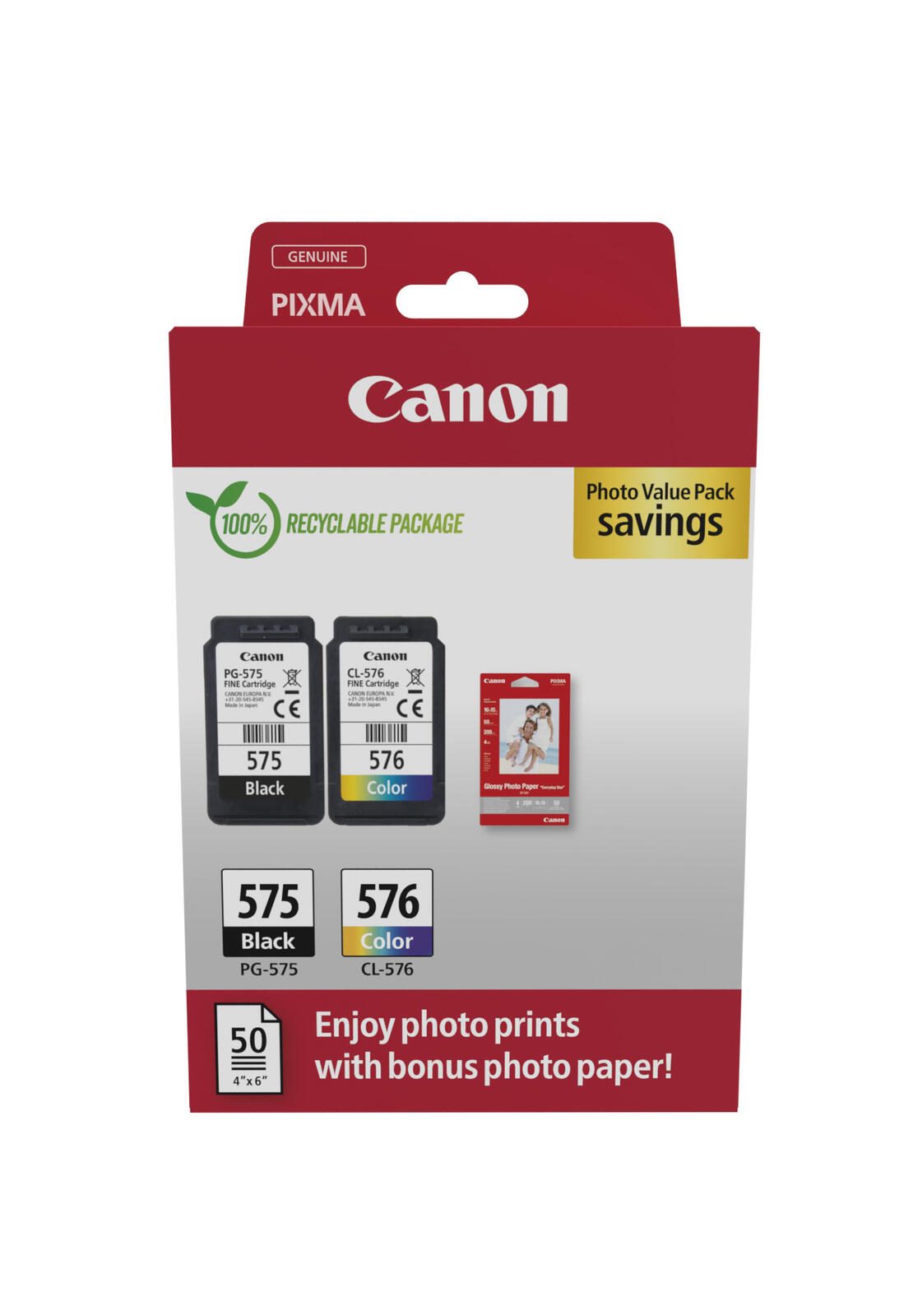 Canon Original PG-575 + CL-576 Druckerpatronen Valuepack - 1 x schwarz / 1 x farbig + 50 Blatt Fotopapier (5438C004)