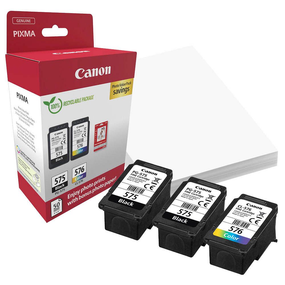 Canon Original PG-575 + CL-576 Druckerpatronen Valuepack - 1 x schwarz / 1 x farbig + 50 Blatt Fotopapier (5438C004)