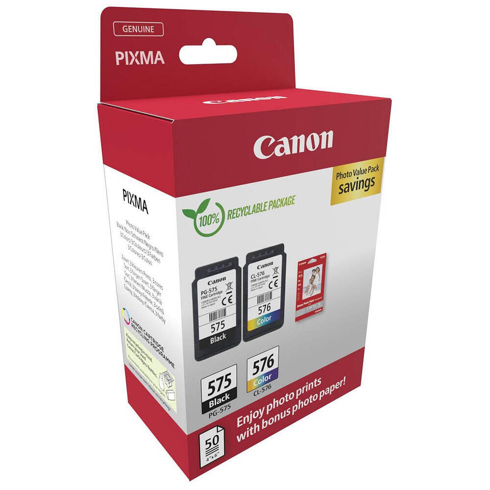 Canon Original PG-575 + CL-576 Druckerpatronen Valuepack - 1 x schwarz / 1 x farbig + 50 Blatt Fotopapier (5438C004)