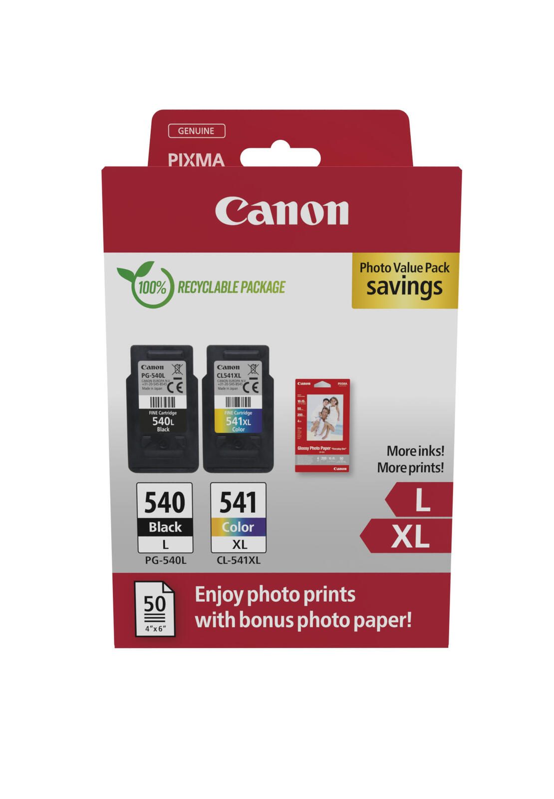 Canon Original PG-540L + CL-541XL Druckerpatronen Valuepack - 1 x schwarz / 1 x farbig + 50 Blatt Fotopapier (5224B012)