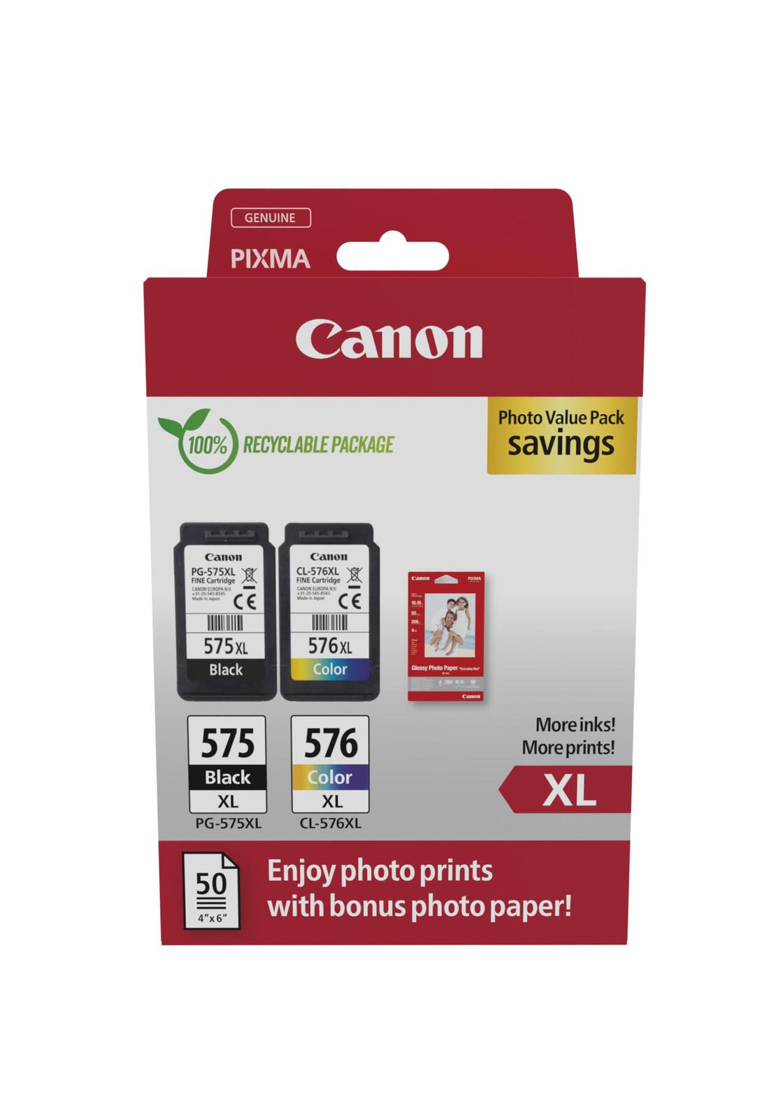 Canon Original PG-575XL + CL-576XL Druckerpatronen Valuepack - 1 x schwarz / 1 x farbig + 50 Blatt Fotopapier (5437C006)