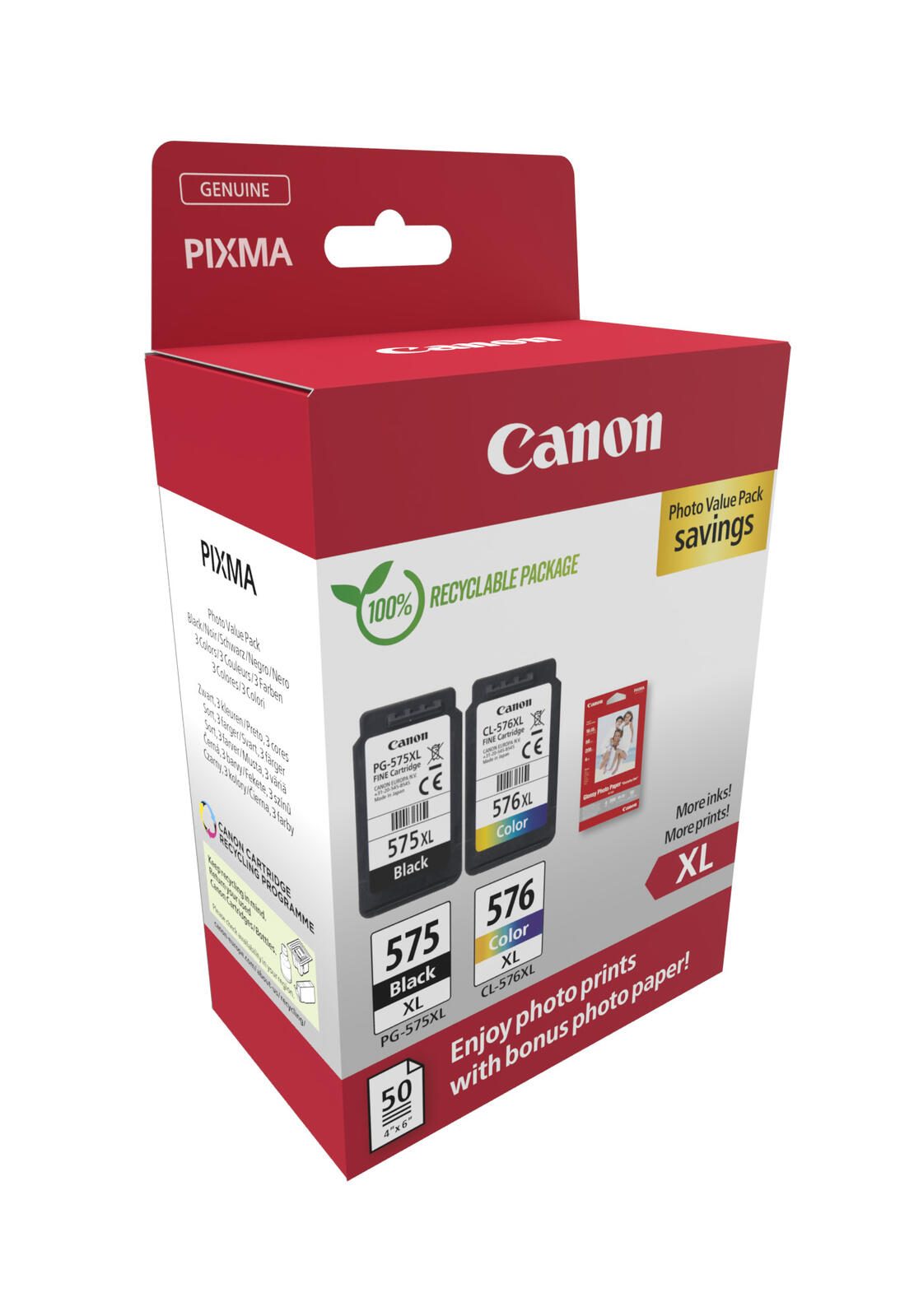 Canon Original PG-575XL + CL-576XL Druckerpatronen Valuepack - 1 x schwarz / 1 x farbig + 50 Blatt Fotopapier (5437C006)