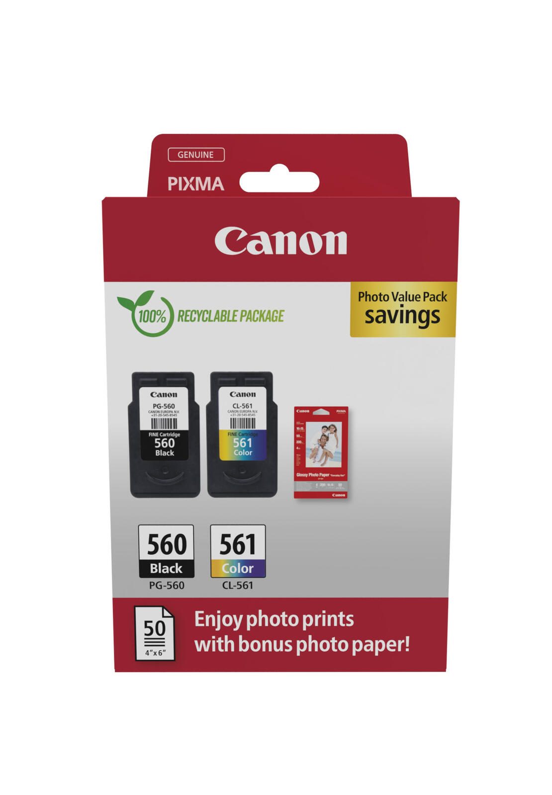 Canon Original PG-560 + CL-561 Druckerpatronen Valuepack - 1 x schwarz / 1 x farbig + 50 Blatt Fotopapier (3713C008)