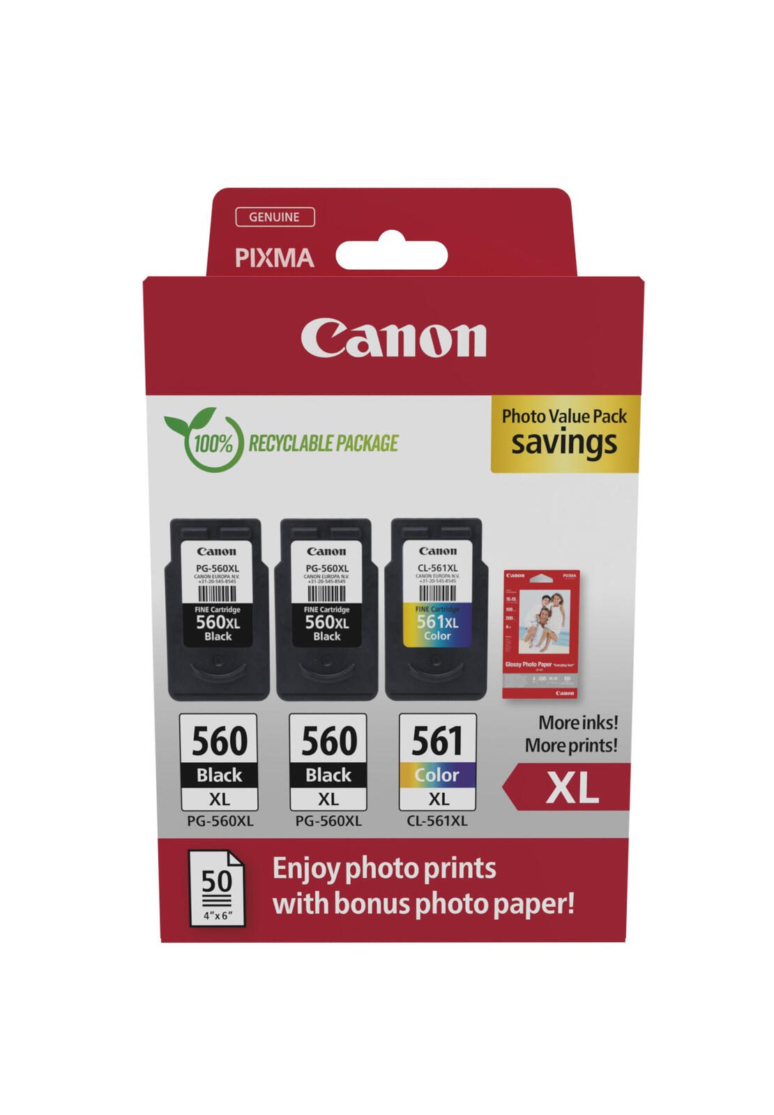 Canon Original PG-560XL + CL-561XL Druckerpatronen Value Pack - 2 x schwarz / 1 x farbig + 50 Blatt Fotopapier