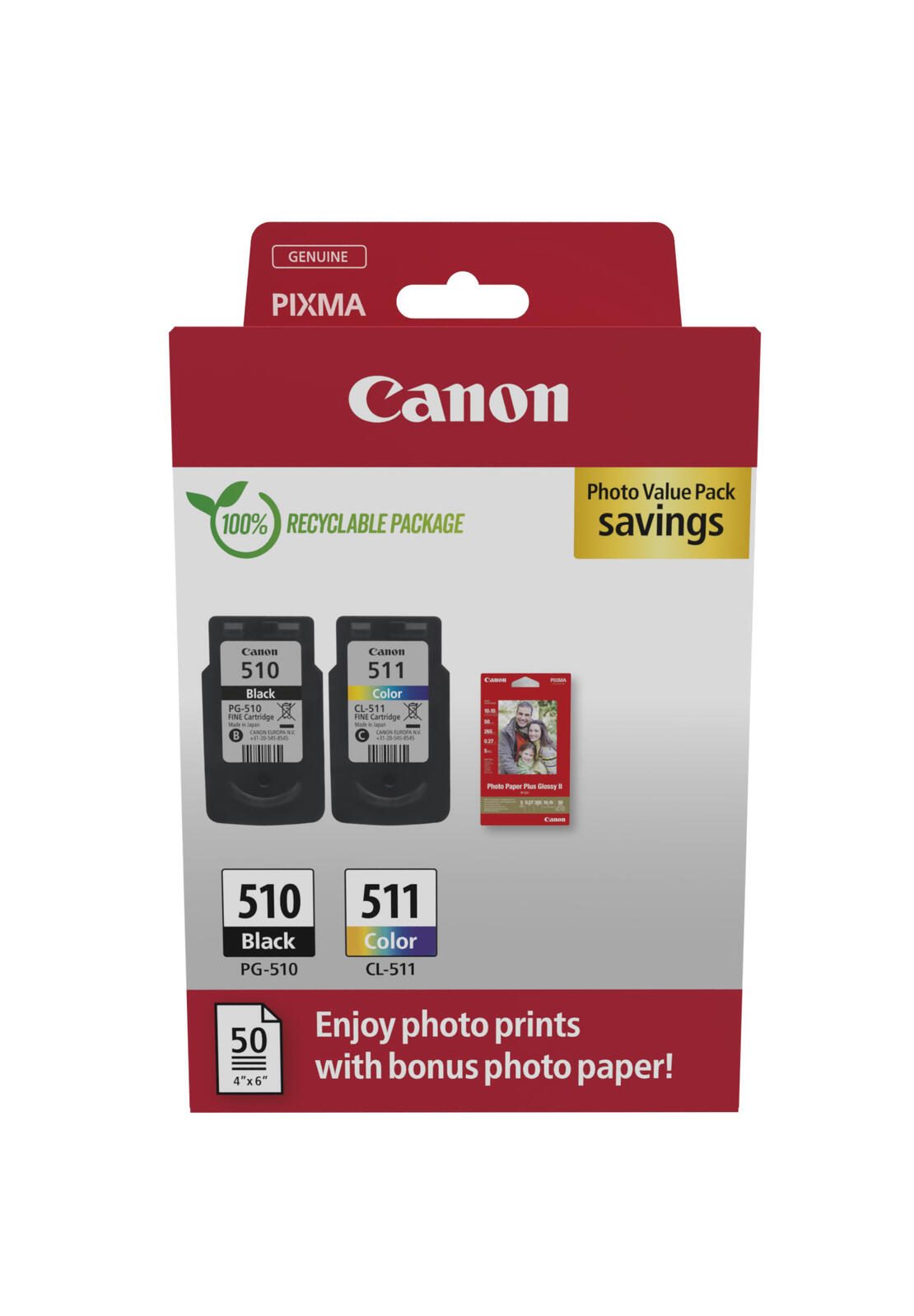 Canon Original PG-510 + CL-511 Druckerpatronen Valuepack - 1 x schwarz / 1 x farbig + 50 Blatt Fotopapier (2970B017)