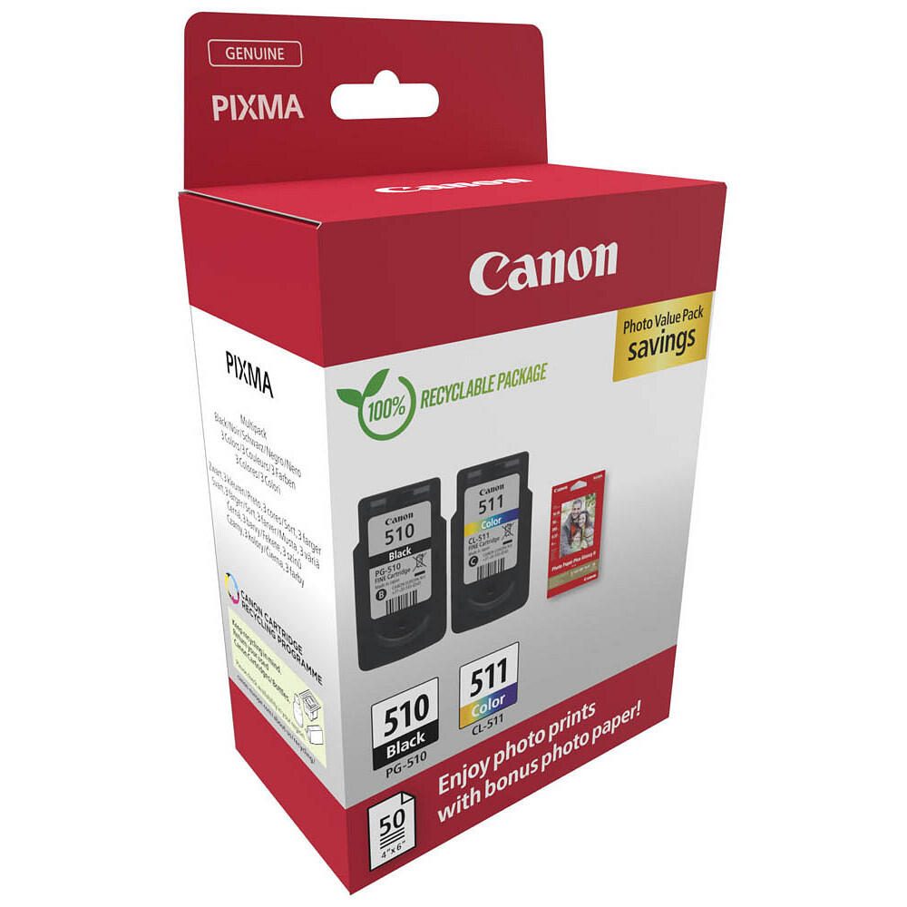 Canon Original PG-510 + CL-511 Druckerpatronen Valuepack - 1 x schwarz / 1 x farbig + 50 Blatt Fotopapier (2970B017)
