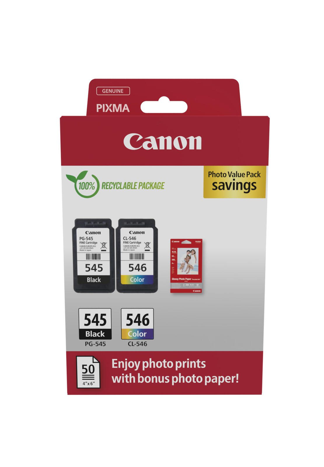 Canon Original PG-545 + CL-546 Druckerpatronen Valuepack - 1 x schwarz / 1 x farbig + 50 Blatt Fotopapier (8287B008)