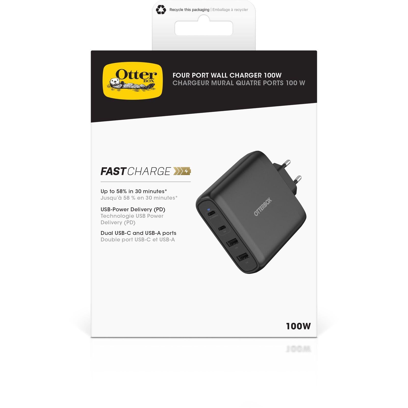 OtterBox Wall Charger 100W - 1x USB-C 65-100W + 1x USB-C 18W + 2x USB-A 12W in Schwarz