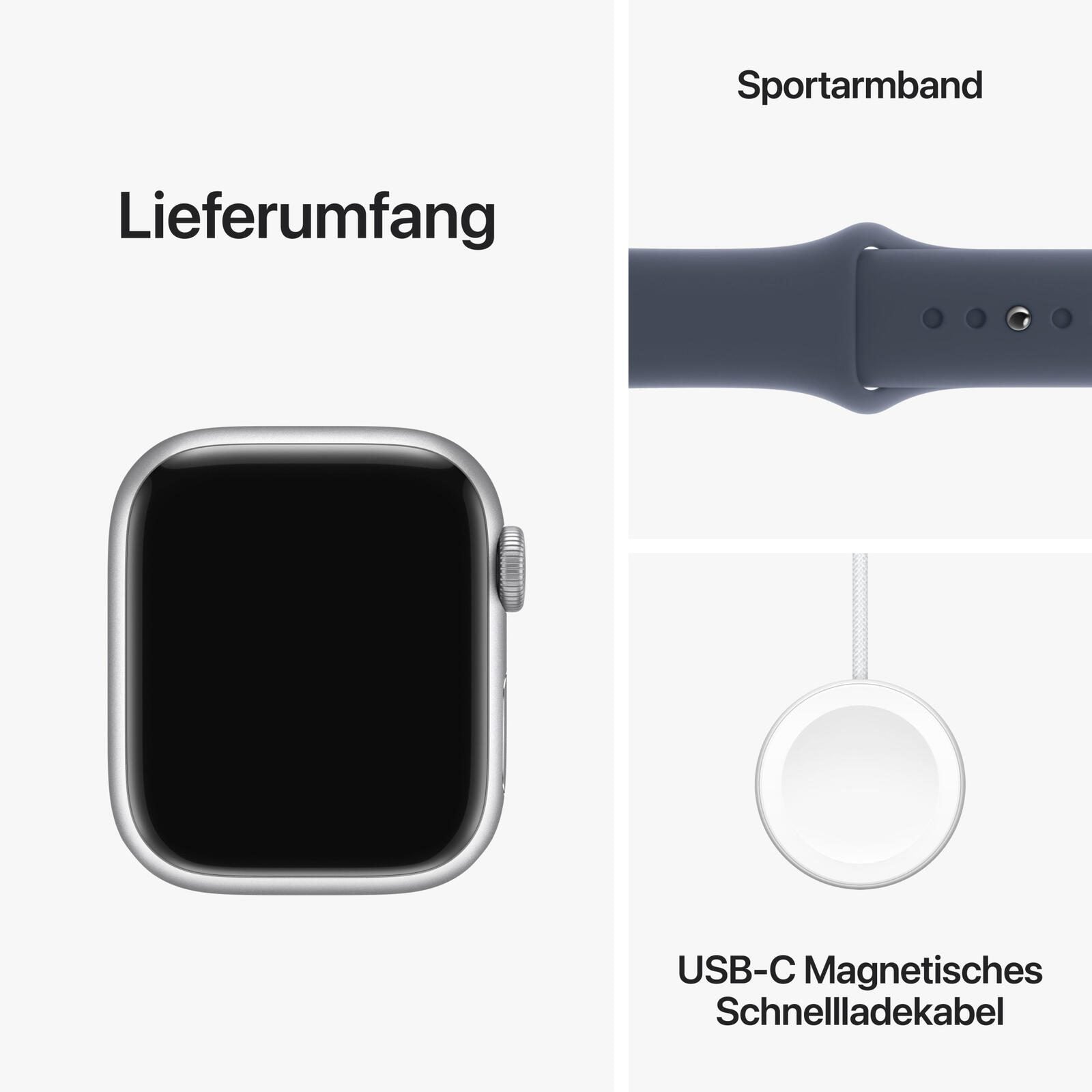B-WARE Apple Watch Series 9 (GPS) 45mm Aluminiumgehäuse silber, Sportband sturmblau, M/L