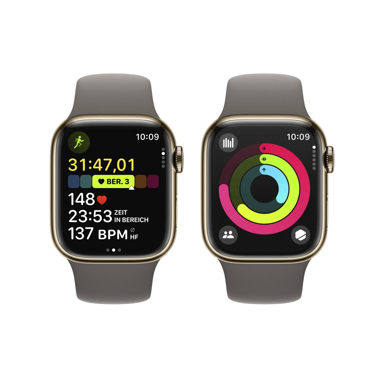 Apple Watch Series 9 (GPS + Cellular) 45mm Edelstahlgehäuse gold, Sportband grau S/M