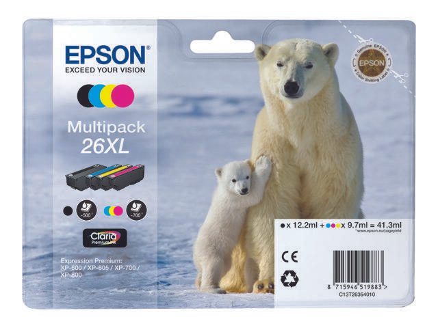 Epson Original 26XL Eisbär Druckerpatronen 4er Multipack BK/C/M/Y (C13T26364010)