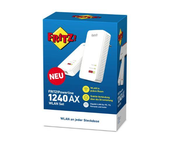 FRITZ!Powerline 1240AX WLAN Set WiFi6 an Wandsteckdose anschließbar