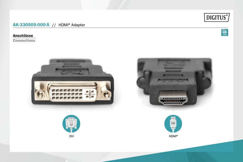 DIGITUS HDMI Adapter Typ A - DVI-I(24+5) St/Bu, Full HD, schwarz