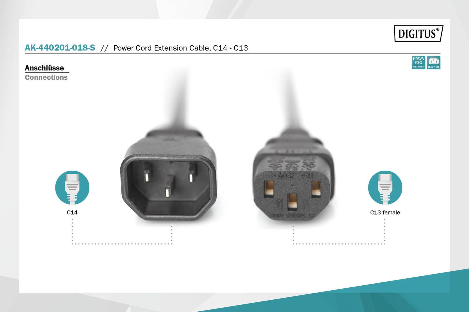 DIGITUS Netzkabelverlängerung, 1,8m, schwarz C13 auf C14 - IEC 60320 - Kaltgerätekabel-Verlängerung H05VV-F3G 0.75qmm