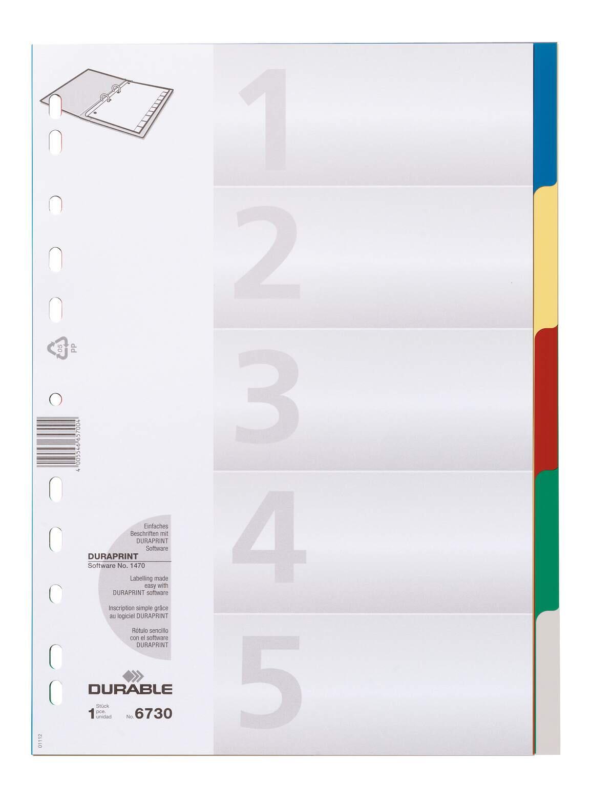 DURABLE Register A4 5-tlg. mit farbigen Taben und Deckblatt PP