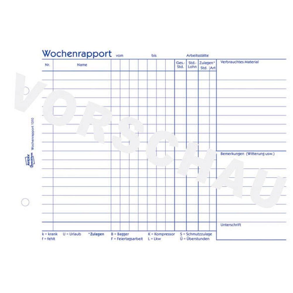 AVERY Zweckform Wochenrapport Formularbuch 1310 - 1 x 100 Blatt