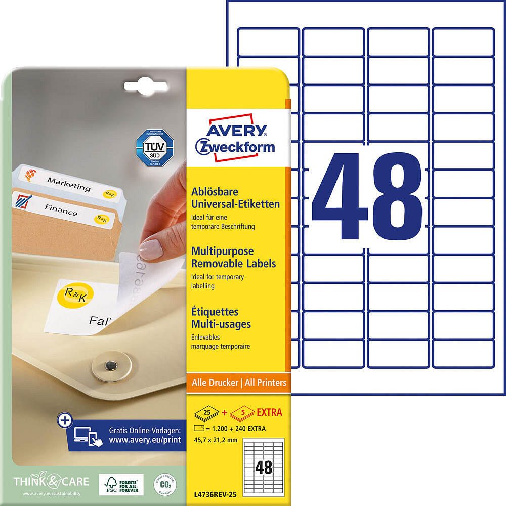 AVERY Zweckform Etiketten L4736REV-25 weiß 45,7 x 21,2 mm - 1.440 Stück