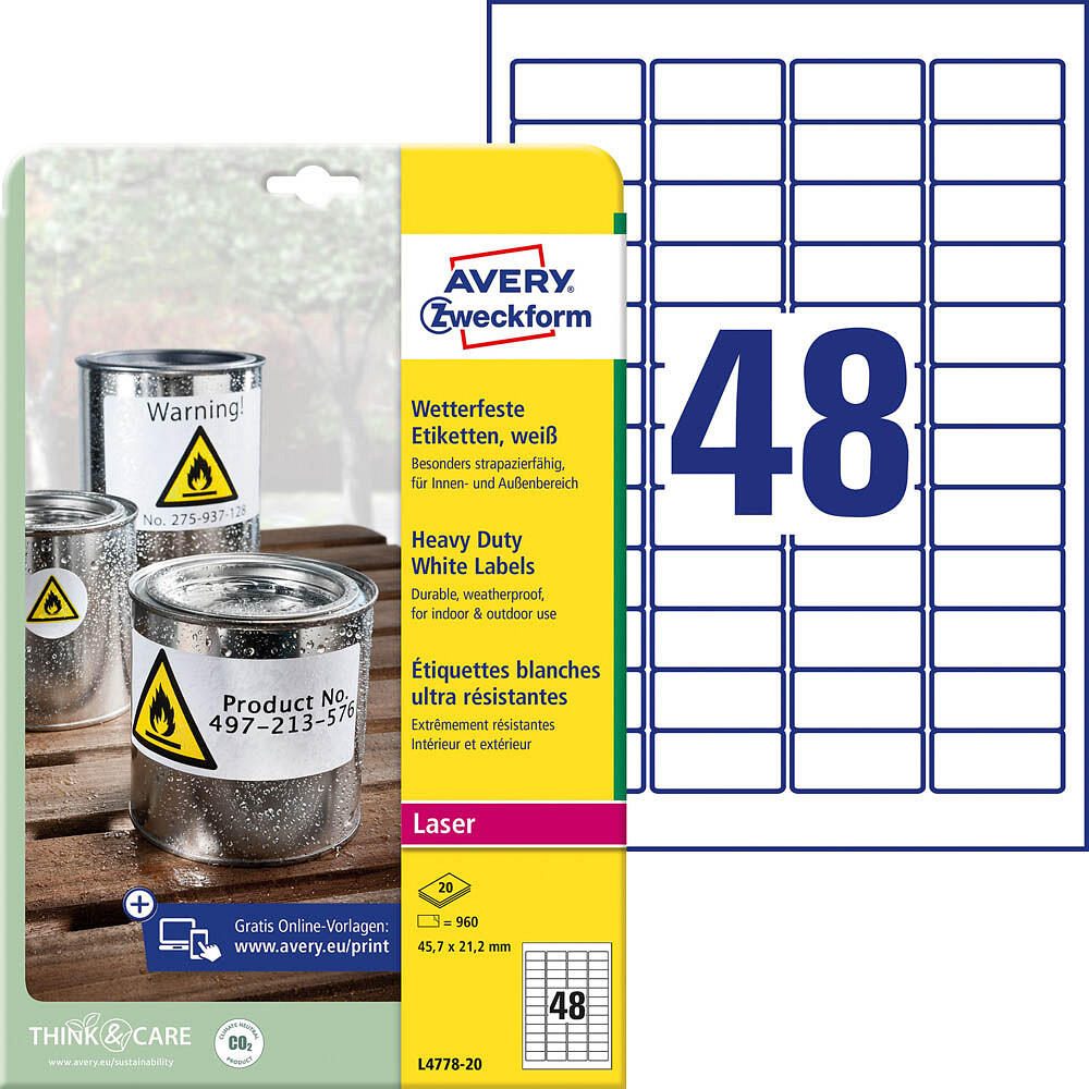 AVERY Zweckform wetterfeste Folienetiketten L4778-20 weiß 45,7 x 21,2 mm - 960 Stück