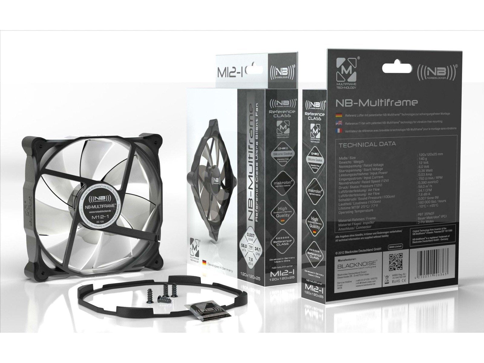 Blacknoise Multiframe M12-2 - Gehäuselüfter - 120mm - Schwarz mit weißen Flügeln - 16 dBA