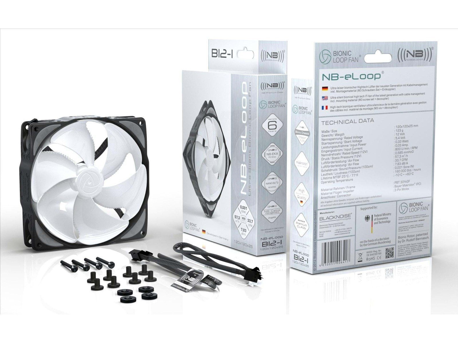 Blacknoise eLoop B12-PS - Gehäuselüfter - 120mm - Schwarz mit weißen Flügeln - 21 dBA