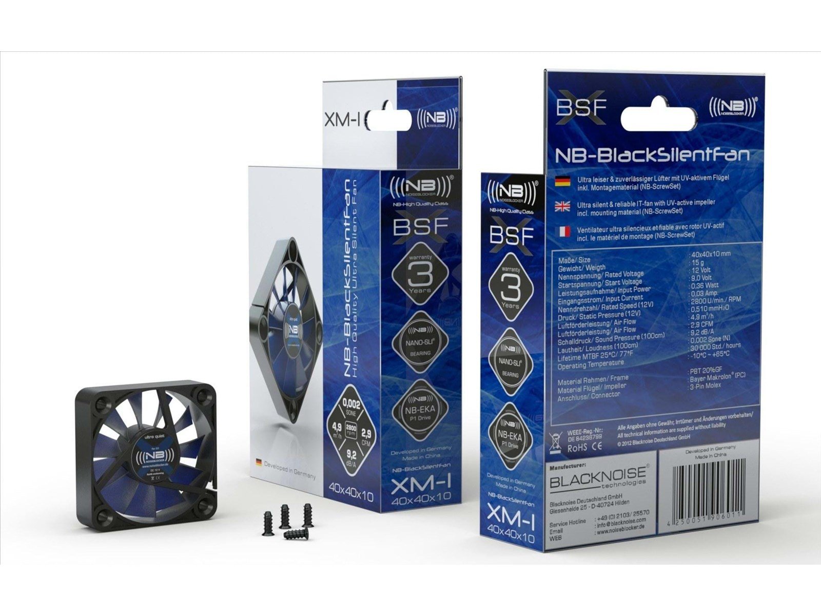 Blacknoise BlackSilentFan XM-2 - Gehäuselüfter - 40mm - Schwarz mit blauen Flügeln - 14 dBA