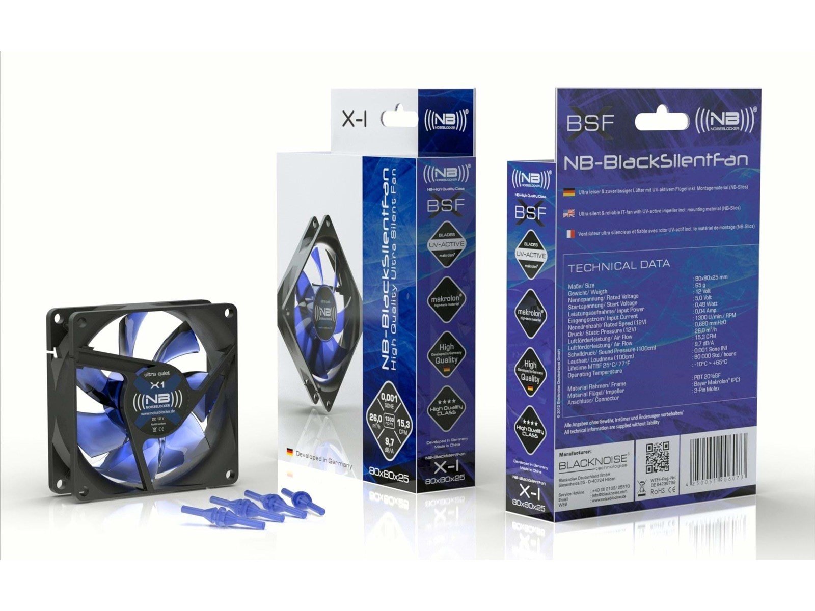 Blacknoise BlackSilentFan X-1 - Gehäuselüfter - 80mm - Schwarz mit blauen Flügeln - 10 dBA