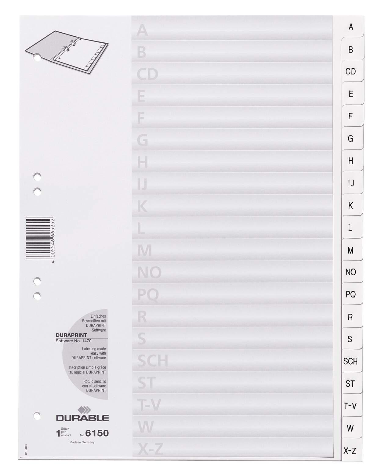DURABLE Ordnerregister DIN A4 A-Z geprägt mit Deckblatt PP - 20-tlg.