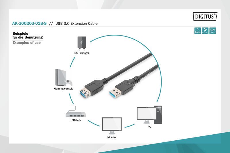 DIGITUS USB -3.0-Verlängerungskabel, konform, schwarz