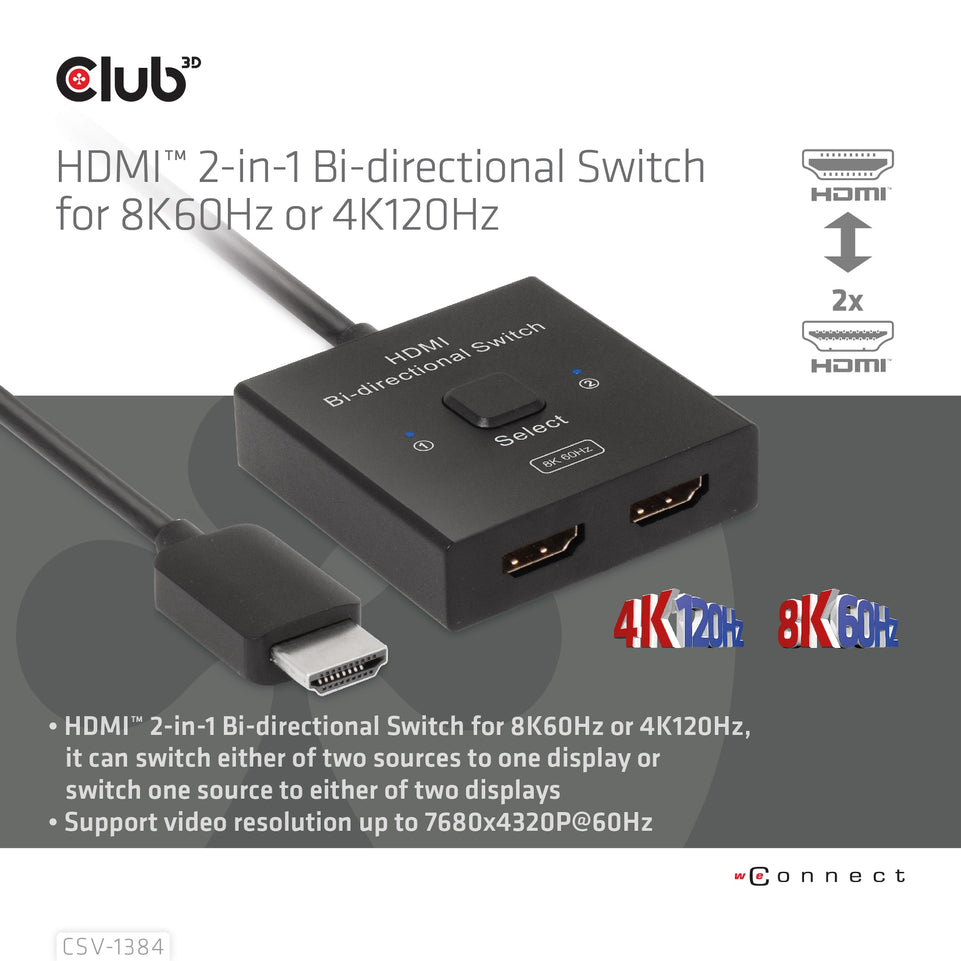 Club3D HDMI Switch 2-in-1 bidirektional   8K60Hz/4K120Hz UHD ret