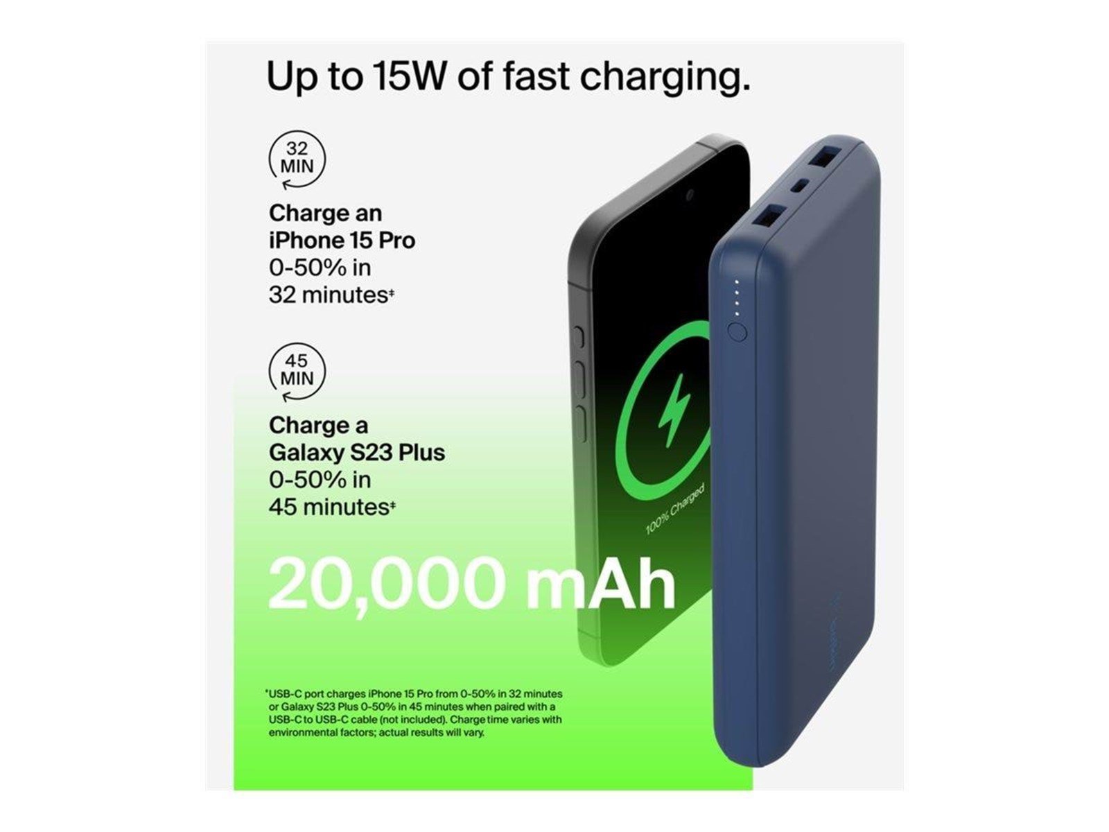 Belkin Power Bank 20K USB-A and USB-C 15W blue Powerbank (Akku) - 20000 mAh