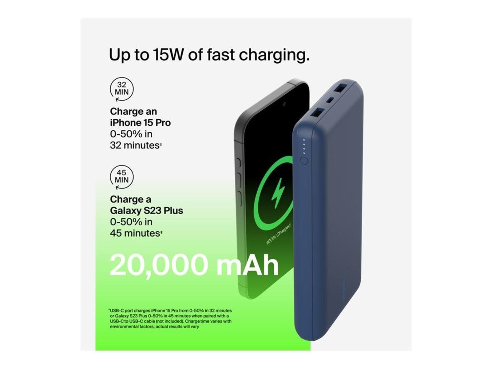 Belkin Power Bank 20K USB-A and USB-C 15W blue Powerbank (Akku) - 20000 mAh