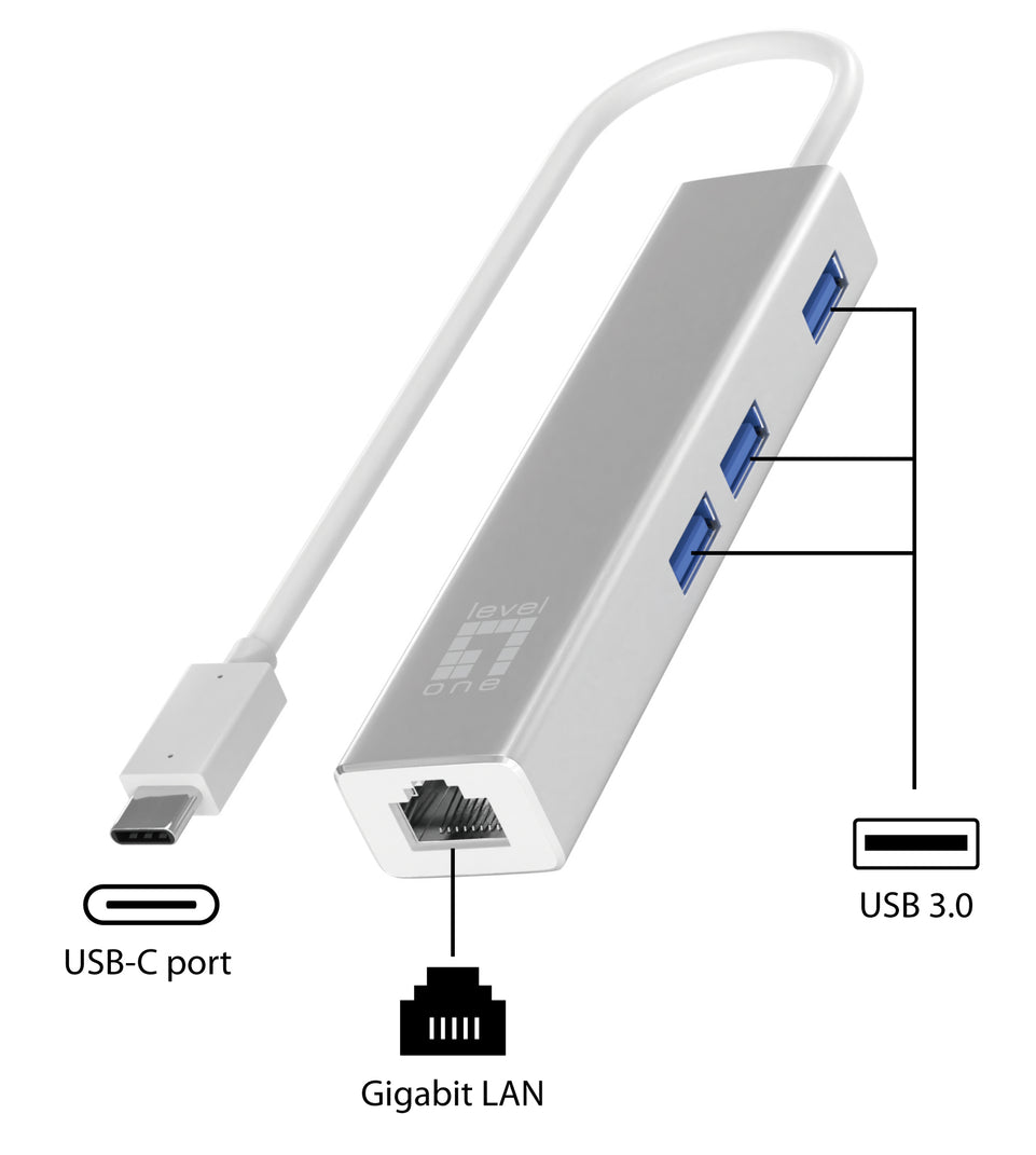 LevelOne Adapter USB-C -> RJ45 10/100/1000,3xUSB3.0 0,15m si