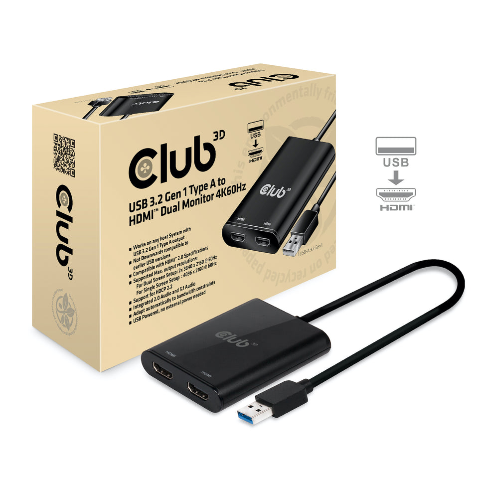 Club3D Adapter USB 3.1 Typ A > 2x HDMI 2.0 4K@60Hz akt.St/Bu ret