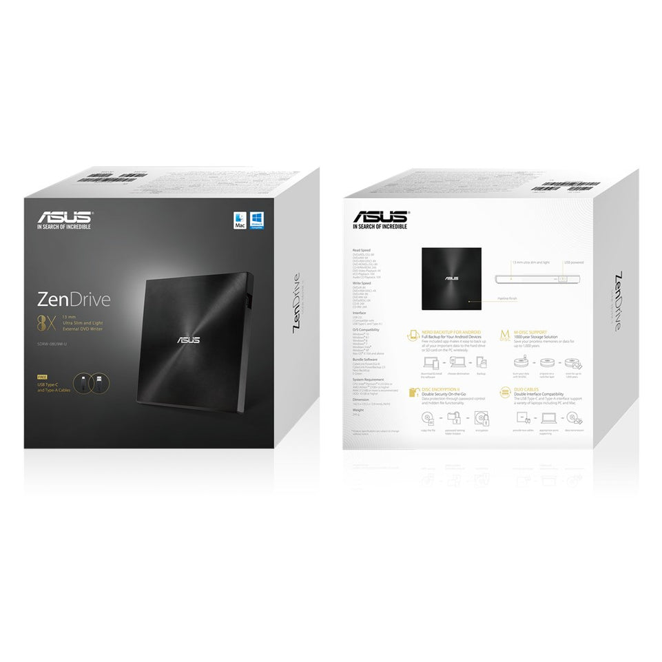 ASUS SDRW-08U9M-U EXT UltraSlim USB ZEN schwarzTypC Kabe