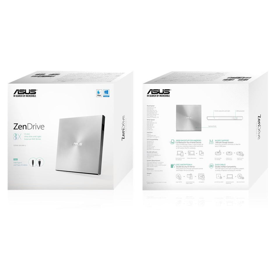 ASUS SDRW-08U9M-U EXT UltraSlim USB ZEN silber TypC Kabe