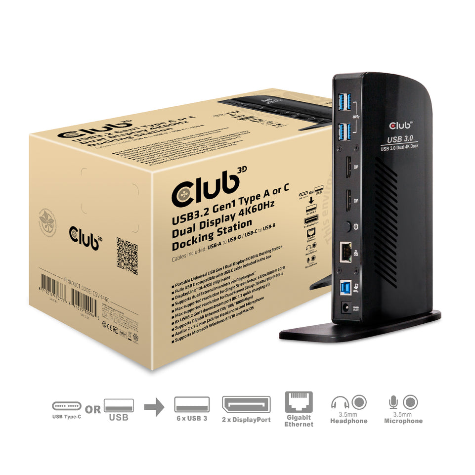 Club3D 4K Dockingst.60Hz USB3 ->6xUSB3/2xDP/LAN/Audio bl. retail