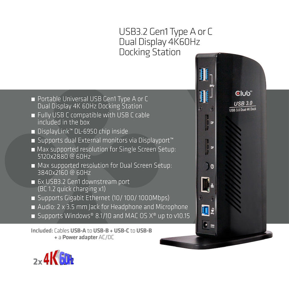 Club3D 4K Dockingst.60Hz USB3 ->6xUSB3/2xDP/LAN/Audio bl. retail