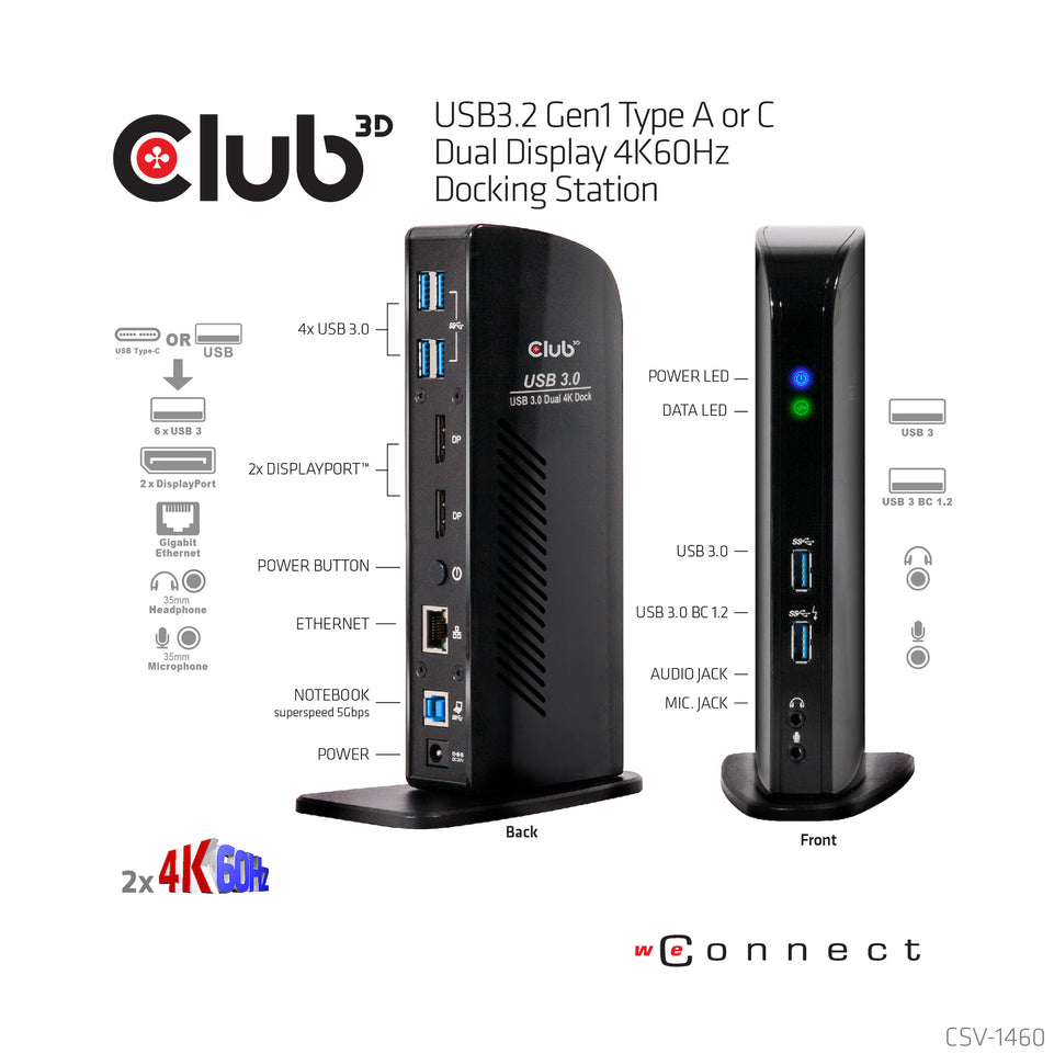 Club3D 4K Dockingst.60Hz USB3 ->6xUSB3/2xDP/LAN/Audio bl. retail