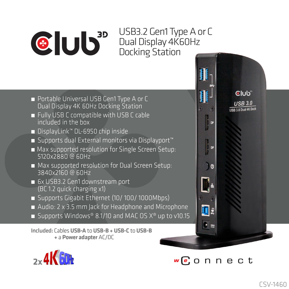 Club3D 4K Dockingst.60Hz USB3 ->6xUSB3/2xDP/LAN/Audio bl. retail