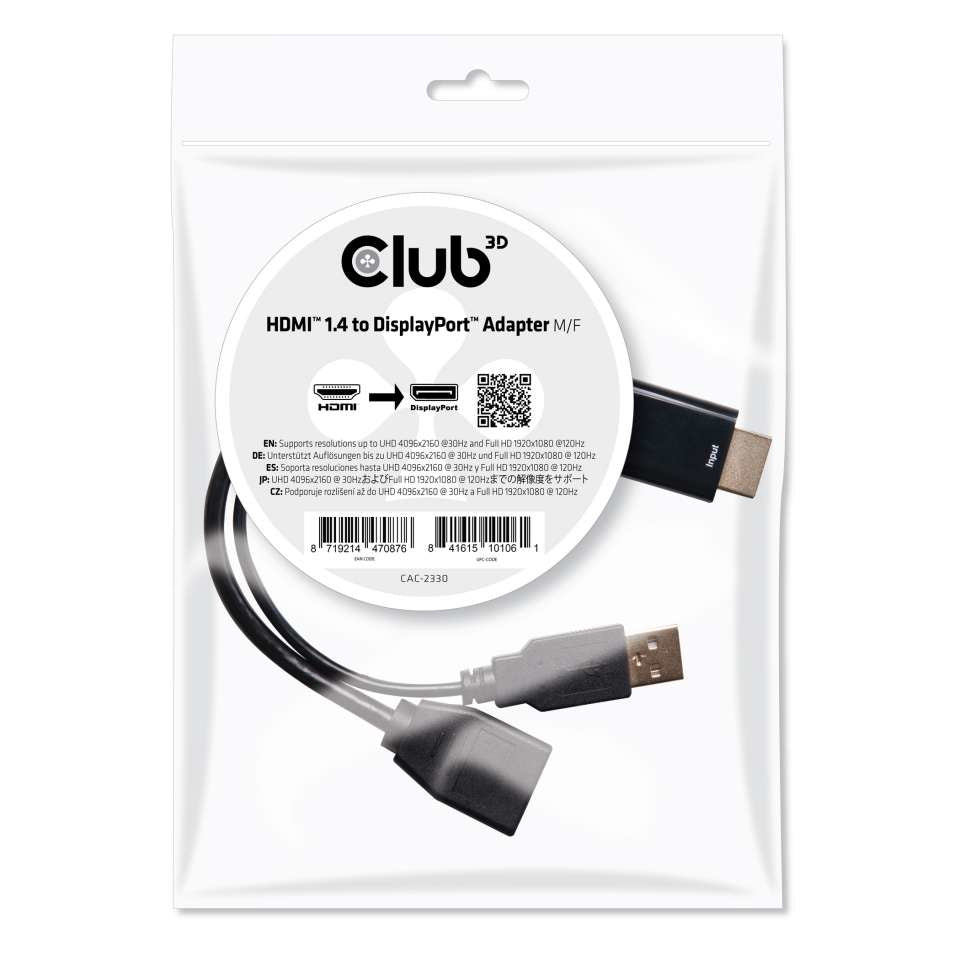 Club3D Adapter HDMI > DP  St/Bu 4K@30Hz Polybeutel