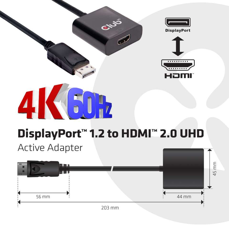 Club3D Adapter DisplayPort > HDMI 2.0 3D 4K60Hz aktiv St/Bu Poly