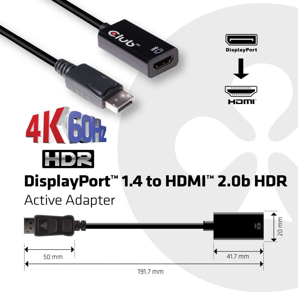 Club3D Adapter DisplayPort > HDMI 2.0b HDR 4K60Hz aktiv retail