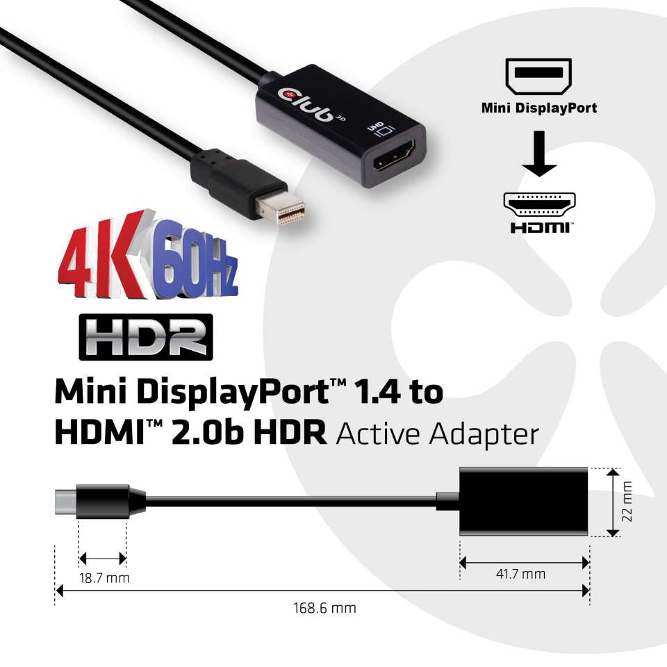 Club3D Adapter MiniDisplayPort > HDMI 2.0b HDR 4K60Hz aktiv reta