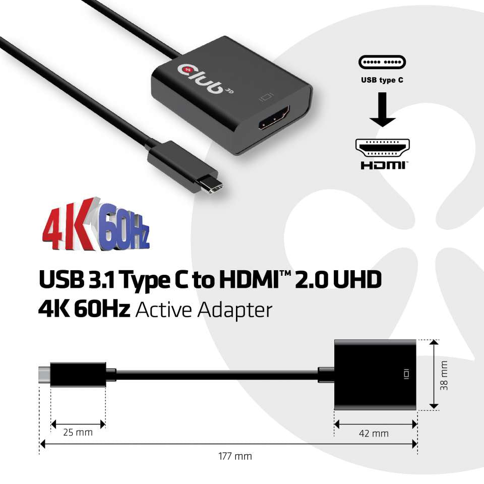 Club3D Adapter USB 3.1 Typ C > HDMI 2.0 UHD HDR  aktiv St/Bu Pol